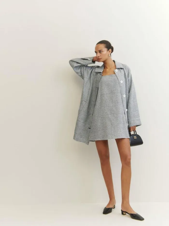 The Reformation Aubree Linen Dress Slate Check 8211 Clothing