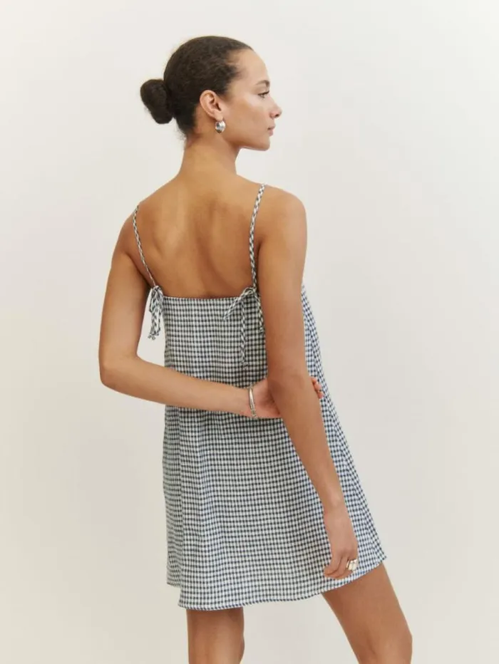 The Reformation Aubree Linen Dress Slate Check 8211 Clothing