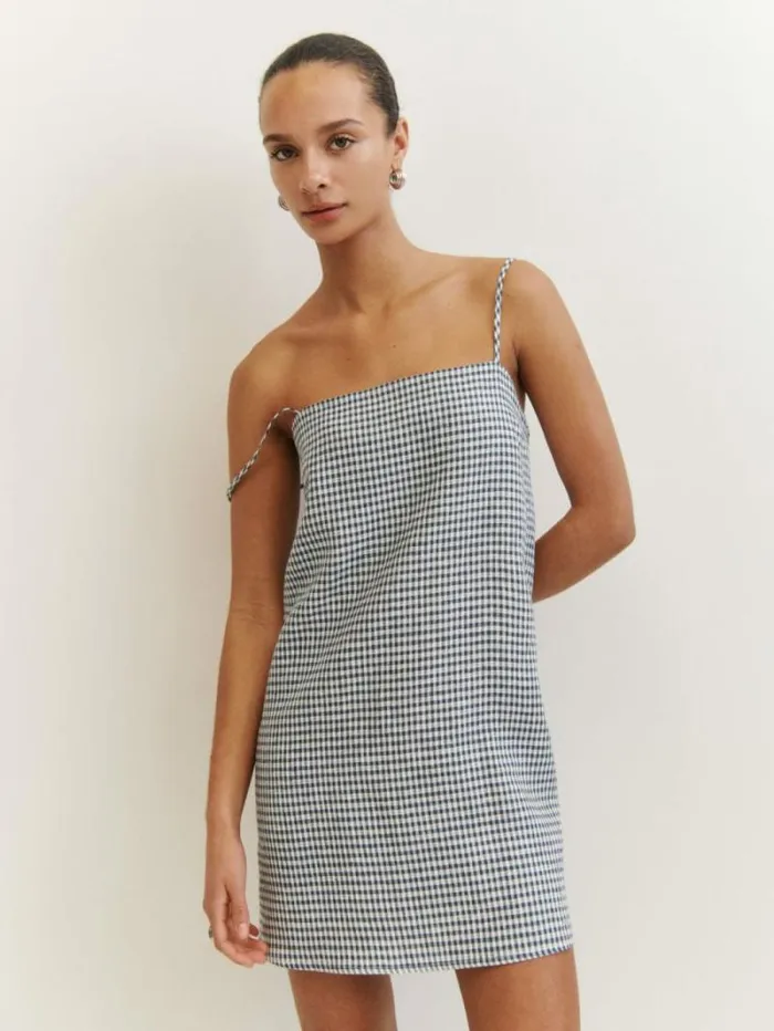 The Reformation Aubree Linen Dress Slate Check 8211 Clothing