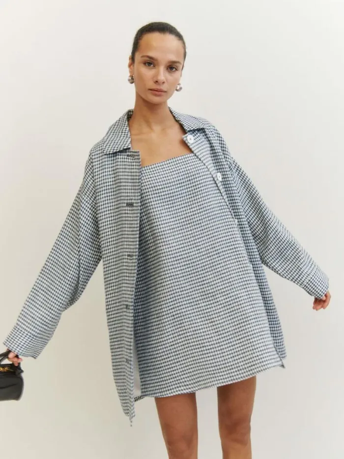 The Reformation Aubree Linen Dress Slate Check 8211 Clothing