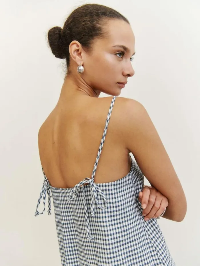 The Reformation Aubree Linen Dress Slate Check 8211 Clothing