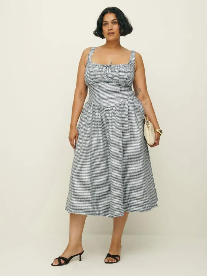 The Reformation Balia Linen Dress Es Slate Check 8211 Clothing