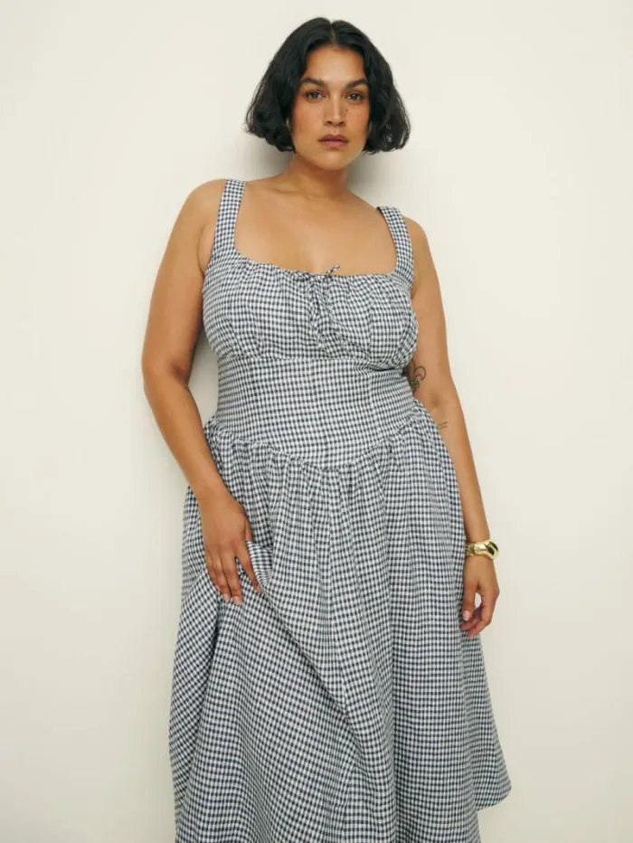 The Reformation Balia Linen Dress Es Slate Check 8211 Clothing