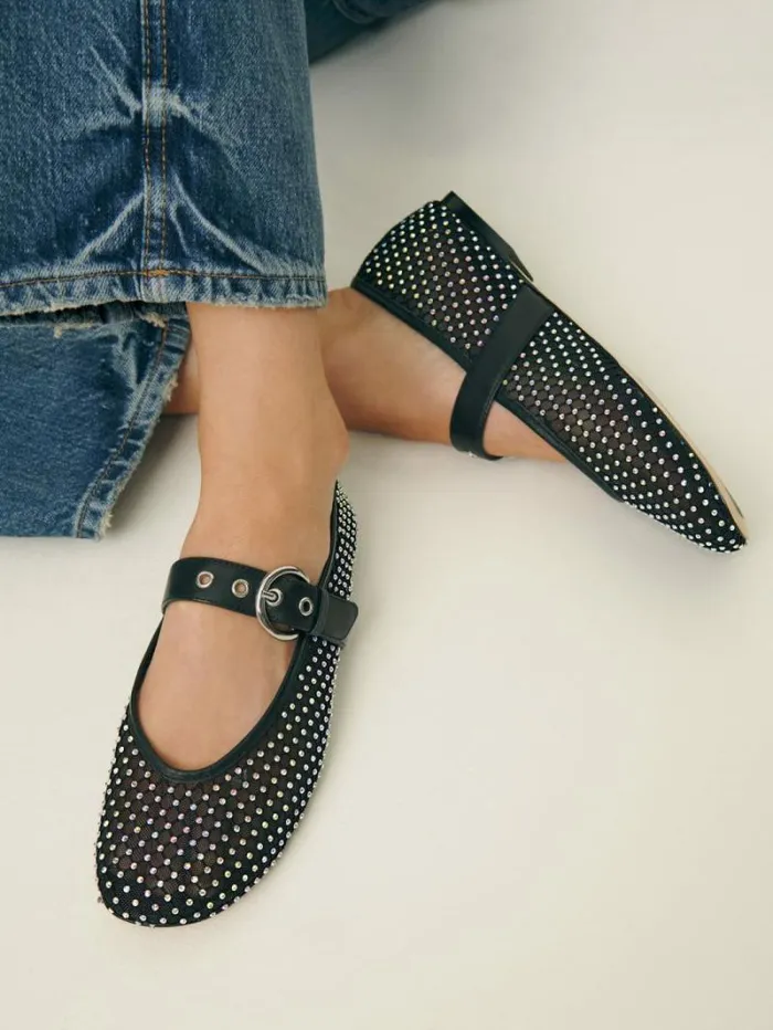 The Reformation Bethany Ballet Flat Black Rhinestone Mesh 8211 Shoes