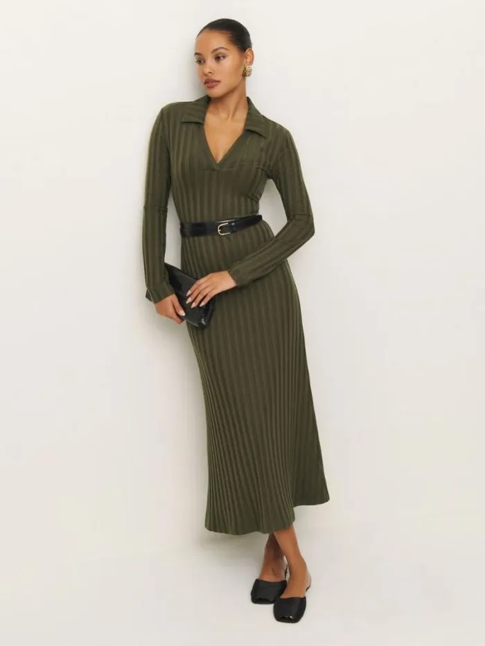 The Reformation Blaire Knit Dress Dark Olive 8211 Clothing