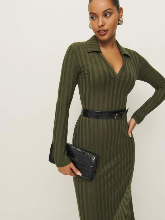 The Reformation Blaire Knit Dress Dark Olive 8211 Clothing