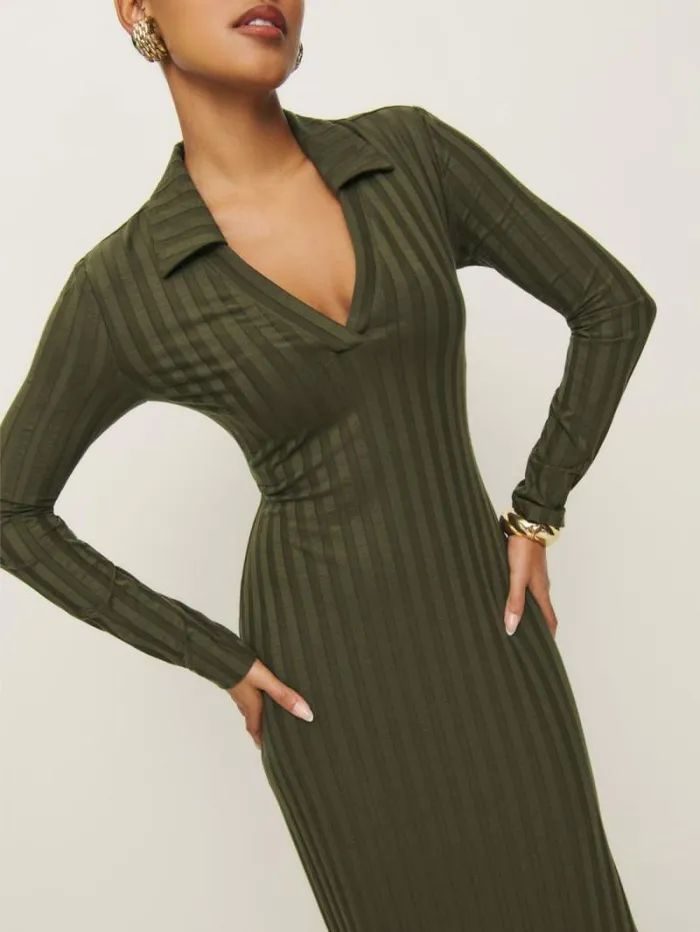 The Reformation Blaire Knit Dress Dark Olive 8211 Clothing