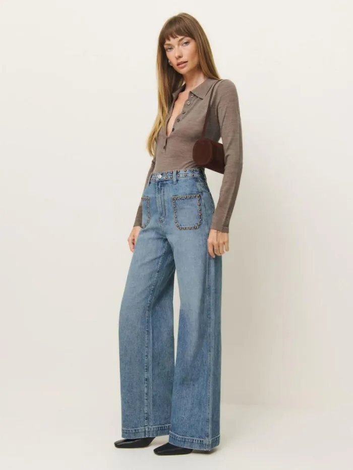 The Reformation Cary Stretch High Rise Slouchy Wide Leg Jeans Morana Studded Patch Pocket 8211 Clothing