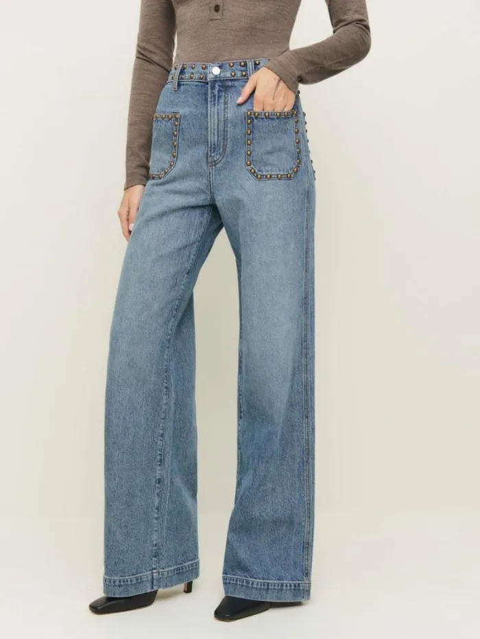 The Reformation Cary Stretch High Rise Slouchy Wide Leg Jeans Morana Studded Patch Pocket 8211 Clothing