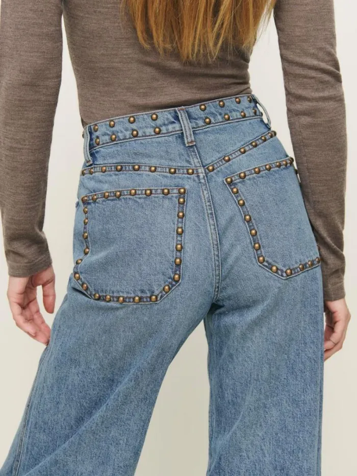The Reformation Cary Stretch High Rise Slouchy Wide Leg Jeans Morana Studded Patch Pocket 8211 Clothing