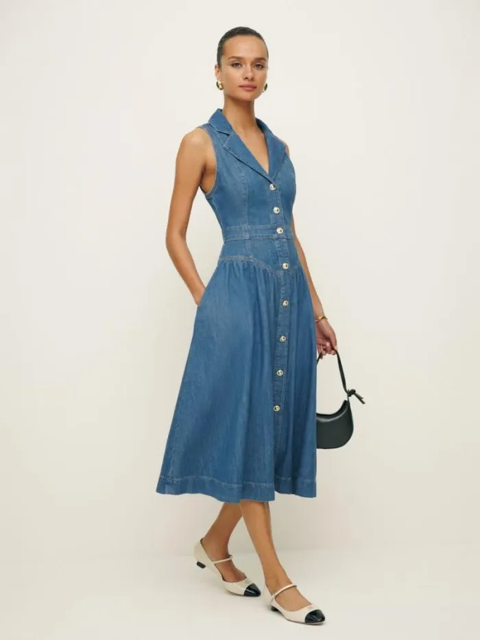 The Reformation Ellison Denim Midi Dress Laguna 8211 Clothing