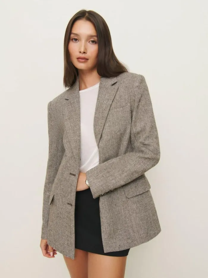 The Reformation James Relaxed Blazer Brown Herringbone 8211 Clothing