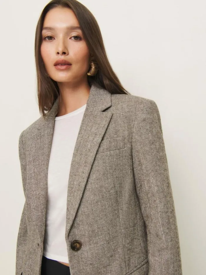 The Reformation James Relaxed Blazer Brown Herringbone 8211 Clothing