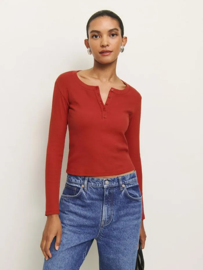 The Reformation Jayden Long Sleeve Henley Tee Sundried Tomato 8211 Clothing