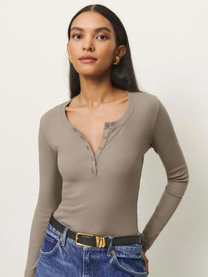 The Reformation Jayden Long Sleeve Henley Tee Taupe 8211 Clothing