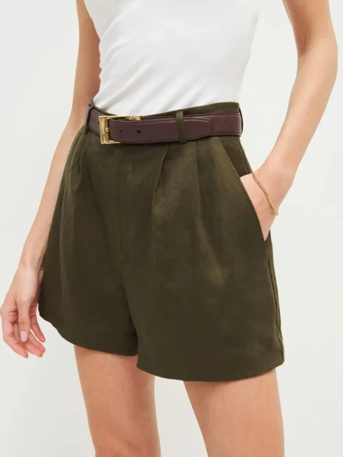 The Reformation Mason Linen Short Dark Olive 8211 Clothing