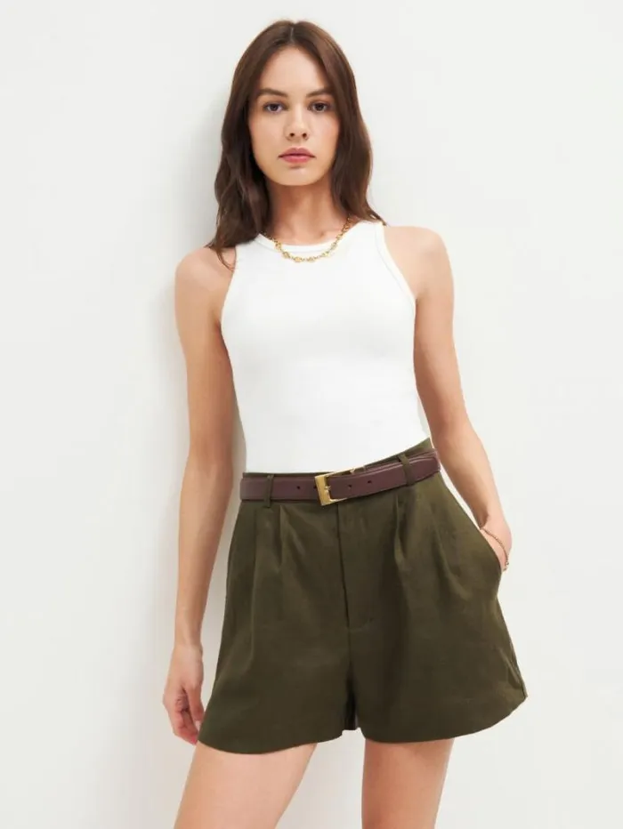 The Reformation Mason Linen Short Dark Olive 8211 Clothing