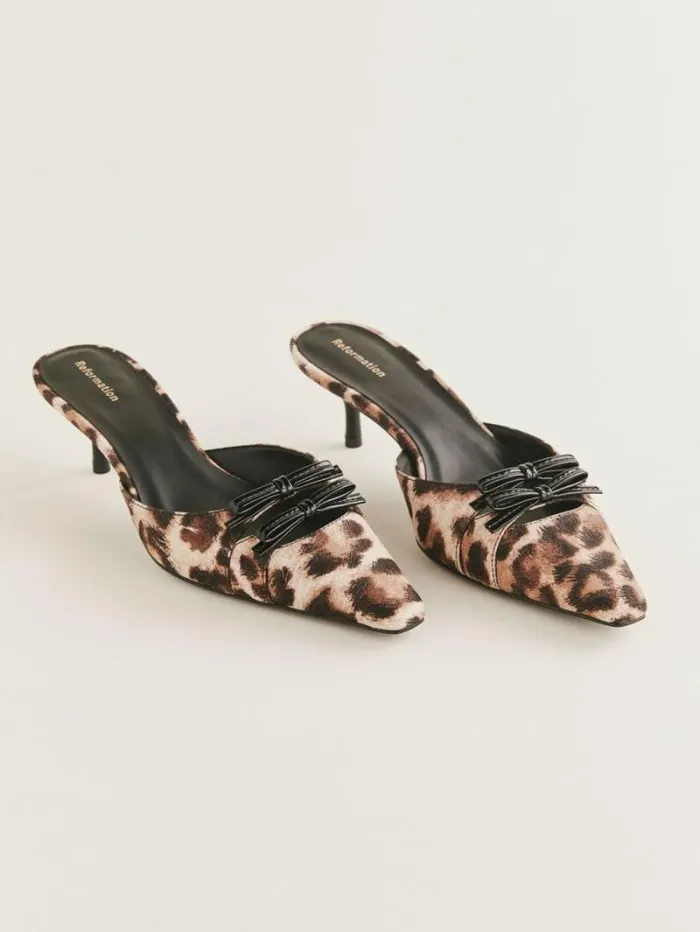 The Reformation Nelson Heeled Mule Leopard Crepe 8211 WeddingsShoes