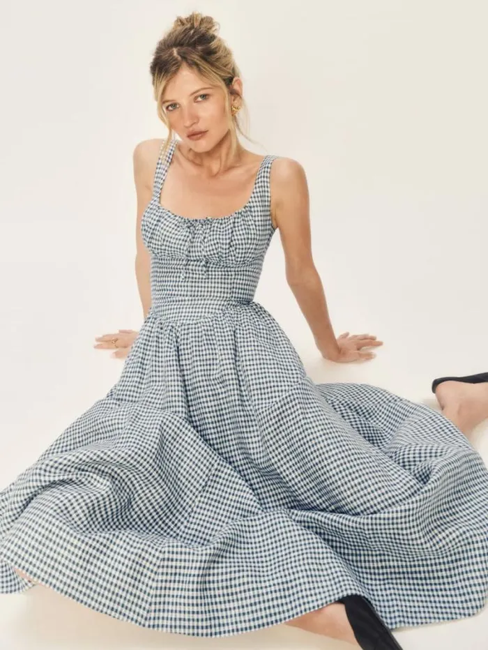 The Reformation Petites Balia Linen Dress Slate Check 8211 Clothing