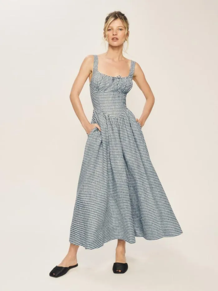 The Reformation Petites Balia Linen Dress Slate Check 8211 Clothing