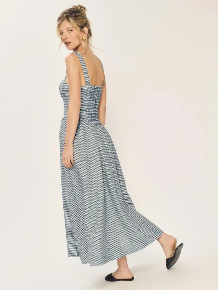 The Reformation Petites Balia Linen Dress Slate Check 8211 Clothing