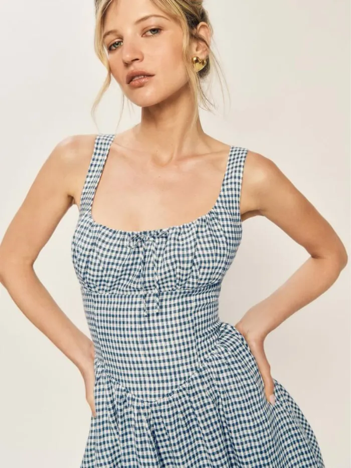 The Reformation Petites Balia Linen Dress Slate Check 8211 Clothing