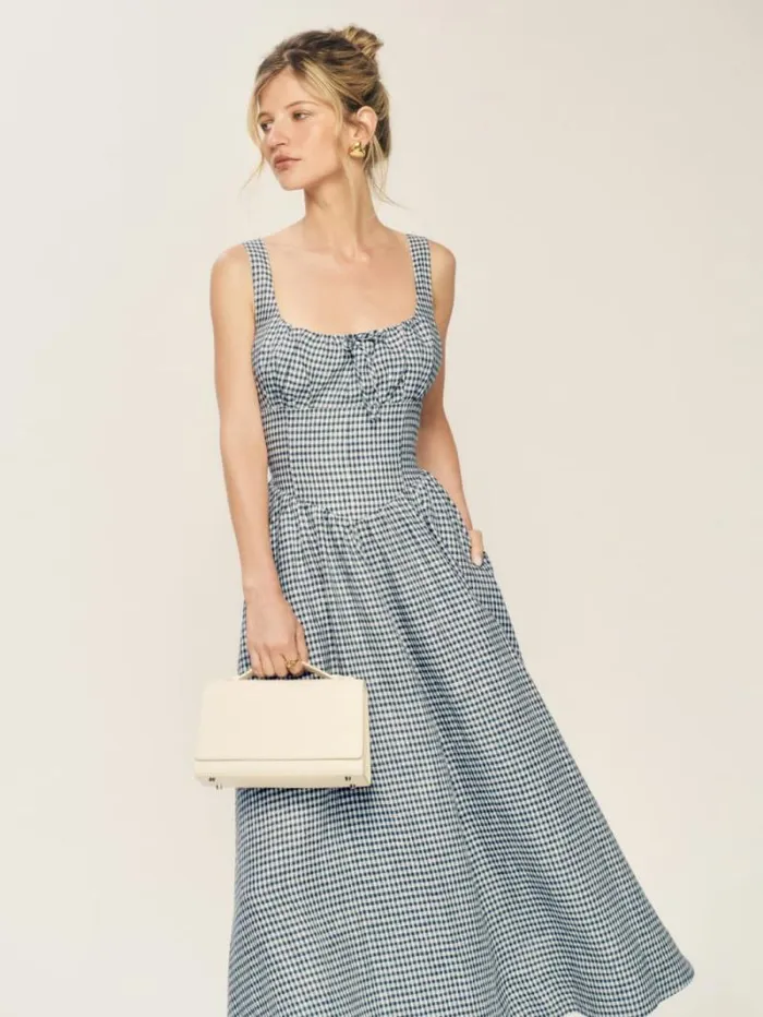 The Reformation Petites Balia Linen Dress Slate Check 8211 Clothing