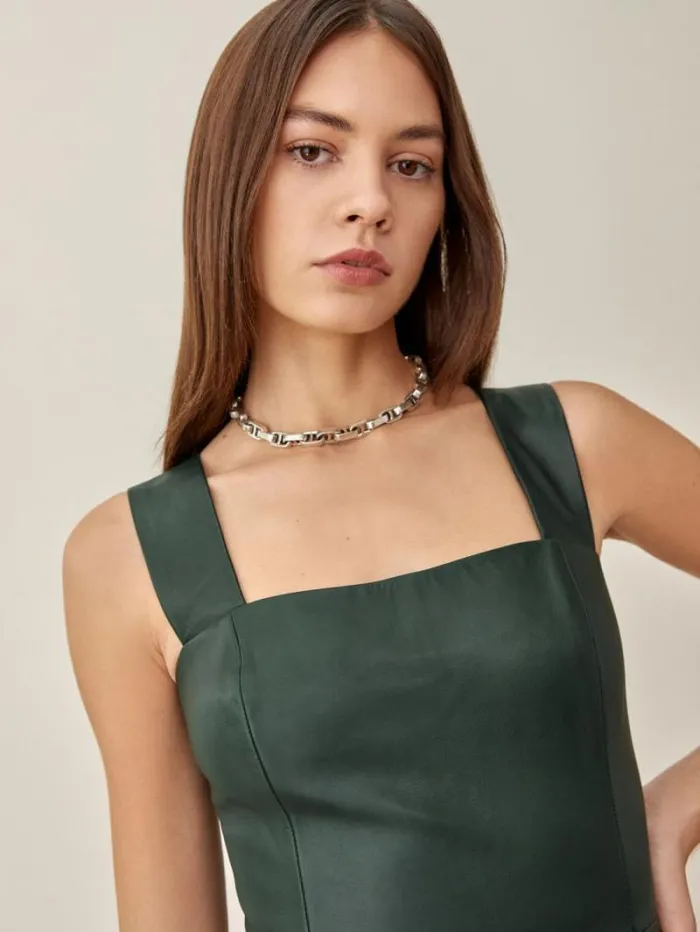 The Reformation Veda Austin Leather Mini Dress Bottle Green 8211 ClothingWeddings