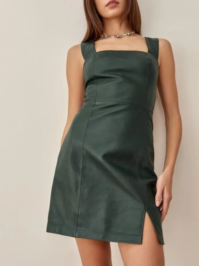 The Reformation Veda Austin Leather Mini Dress Bottle Green 8211 ClothingWeddings