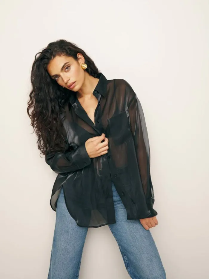 The Reformation Will Oversized Sheer Shirt Metallic Black 8211 Clothing