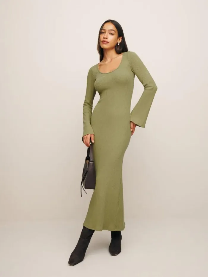 The Reformation Wrenley Knit Dress Olive Oil 8211 Clothing