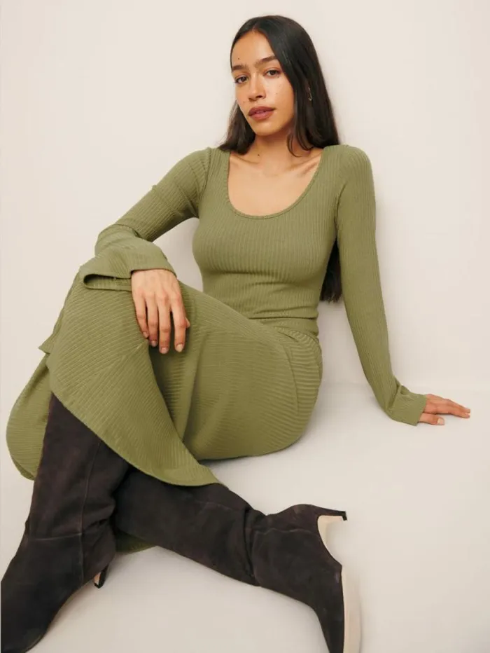 The Reformation Wrenley Knit Dress Olive Oil 8211 Clothing