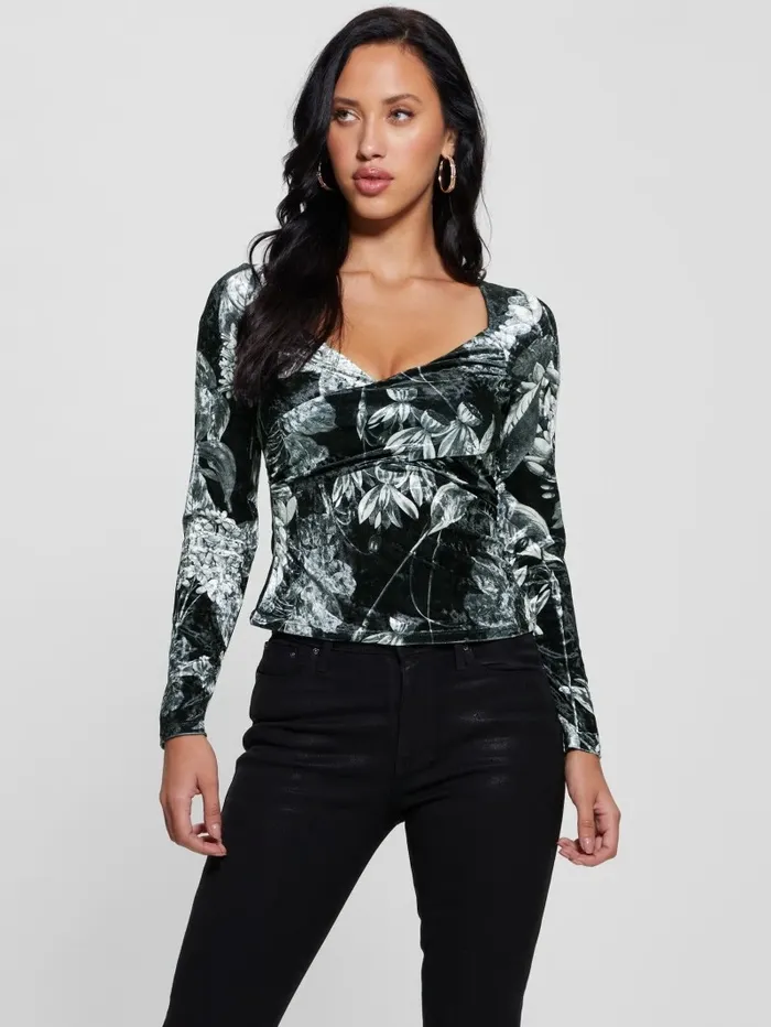 Tops Dianna Velvet Top Phantom Flora Print Black 8211 GUESS Women