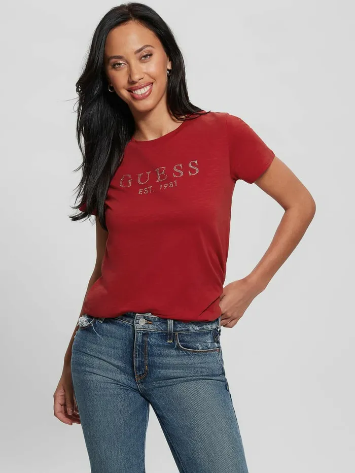Tops Eco 1981 Crystal Logo Tee Chili Red 8211 GUESS Women Tops Eco 1981 Crystal Logo Tee Chili Red 8211 GUESS Women