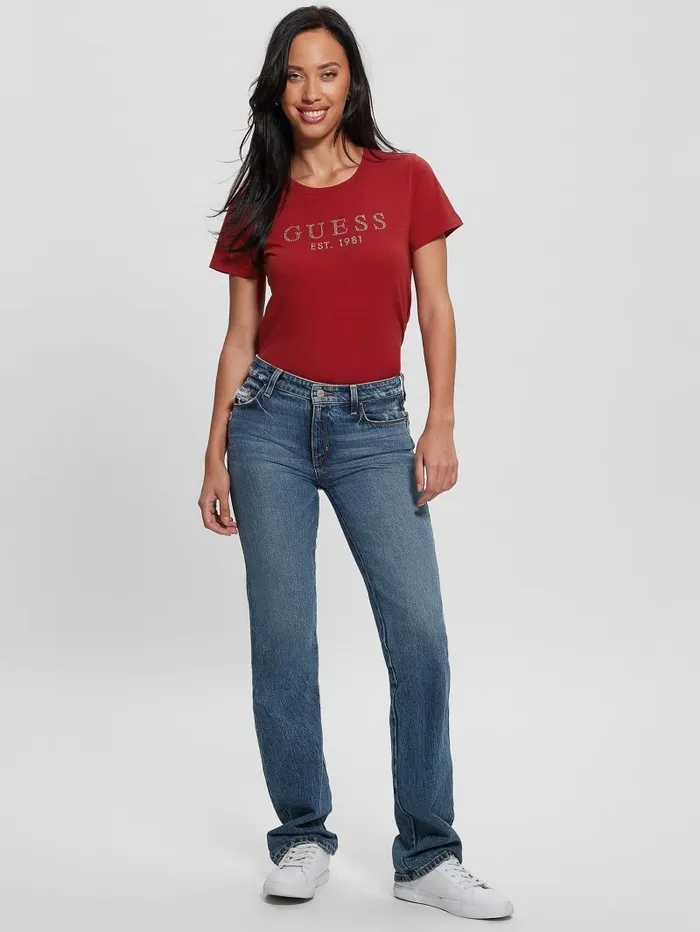 Tops Eco 1981 Crystal Logo Tee Chili Red 8211 GUESS Women Tops Eco 1981 Crystal Logo Tee Chili Red 8211 GUESS Women