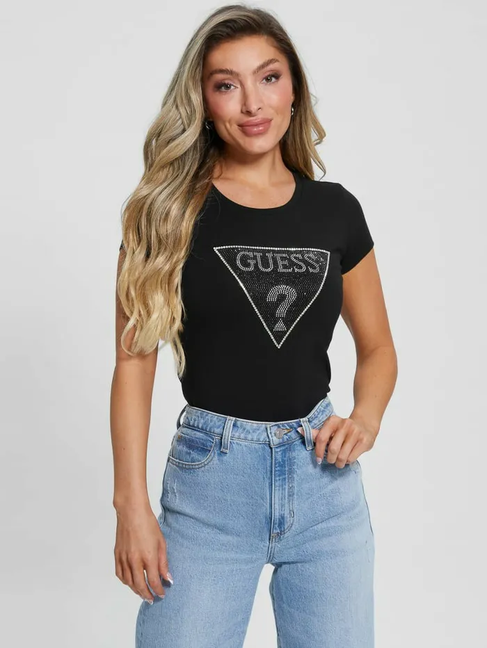 Tops Eco Crystal Triangle Logo Tee Black 8211 GUESS Women Tops Eco Crystal Triangle Logo Tee Black 8211 GUESS Women