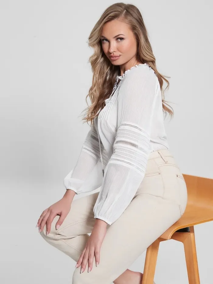 Tops Eco Gilda Sheer LongSleeve Blouse Pure White GUESS Women Tops Eco Gilda Sheer LongSleeve Blouse Pure White GUESS Women
