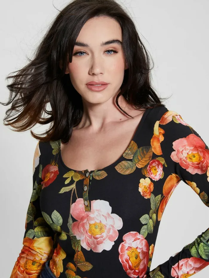 Tops GUESS Women Eco Karla Floral Henley Tee Peony Charm Print Black