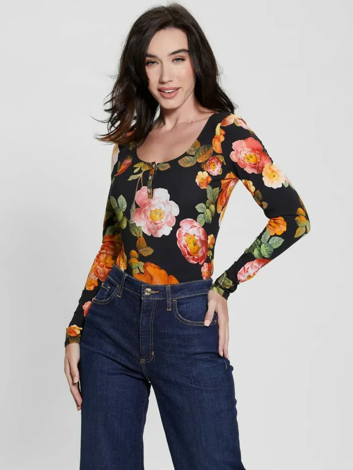 Tops GUESS Women Eco Karla Floral Henley Tee Peony Charm Print Black Tops GUESS Women Eco Karla Floral Henley Tee Peony Charm Print Black
