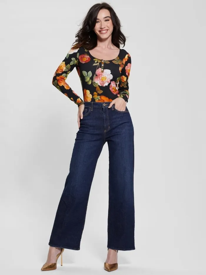 Tops GUESS Women Eco Karla Floral Henley Tee Peony Charm Print Black Tops GUESS Women Eco Karla Floral Henley Tee Peony Charm Print Black