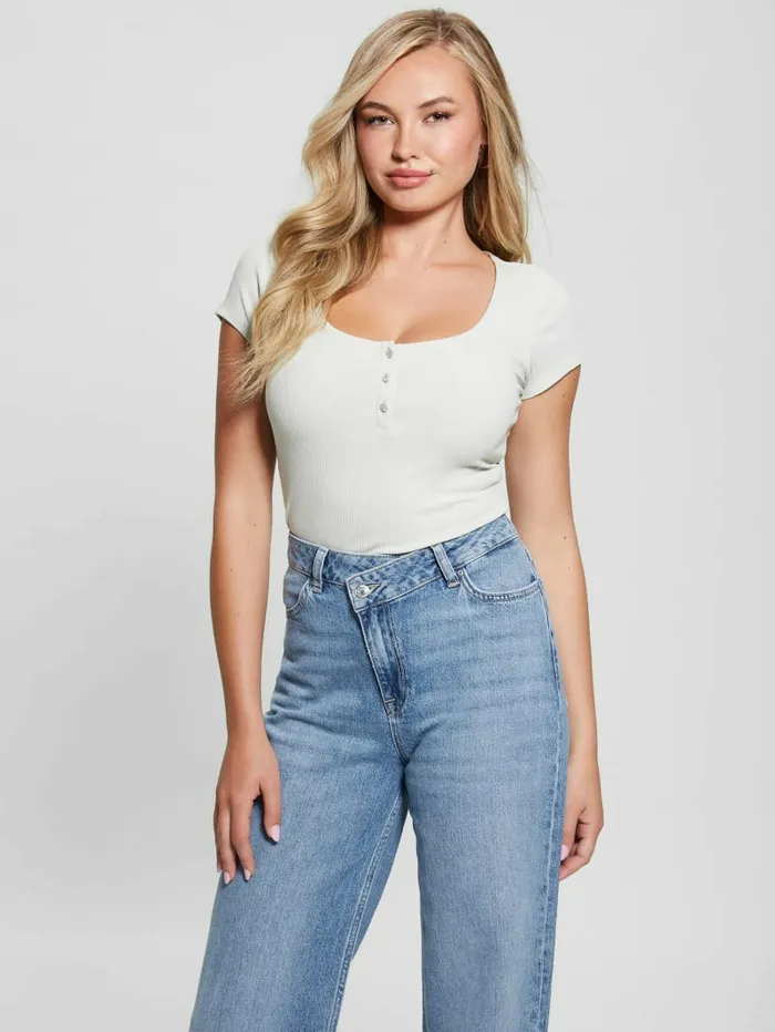 Tops GUESS Women Eco Karlee Henley Tee Tweener Green Tops GUESS Women Eco Karlee Henley Tee Tweener Green