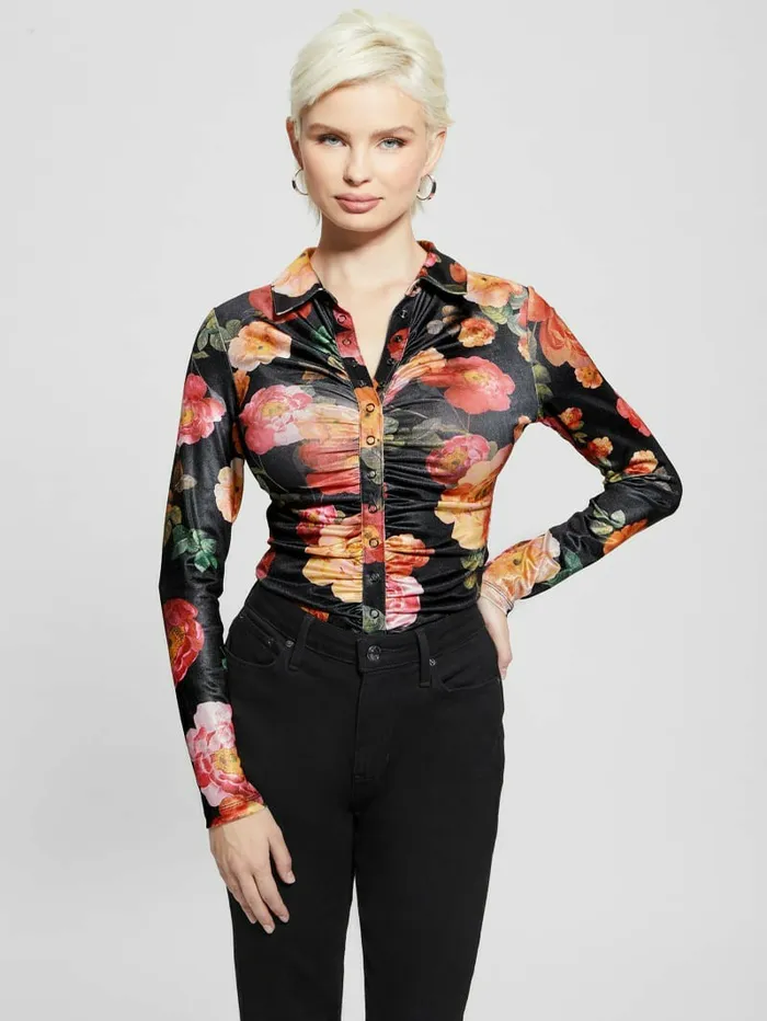 Tops GUESS Women Milana Shirred Printed Blouse Peony Charm Print Black
