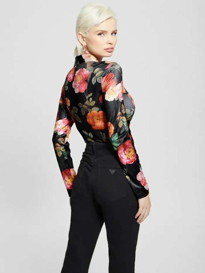 Tops GUESS Women Milana Shirred Printed Blouse Peony Charm Print Black Tops GUESS Women Milana Shirred Printed Blouse Peony Charm Print Black