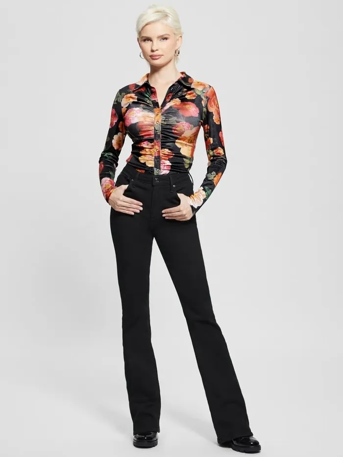 Tops GUESS Women Milana Shirred Printed Blouse Peony Charm Print Black Tops GUESS Women Milana Shirred Printed Blouse Peony Charm Print Black