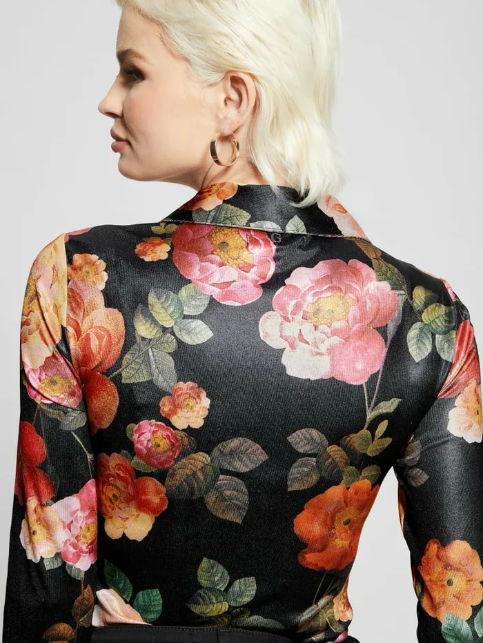 Tops GUESS Women Milana Shirred Printed Blouse Peony Charm Print Black Tops GUESS Women Milana Shirred Printed Blouse Peony Charm Print Black