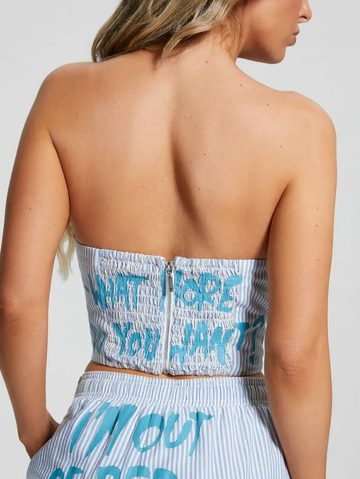 Tops Women Bustier Slogan Crop Top All I Do Is Chambray Mult GUESS Tops Women Bustier Slogan Crop Top All I Do Is Chambray Mult GUESS