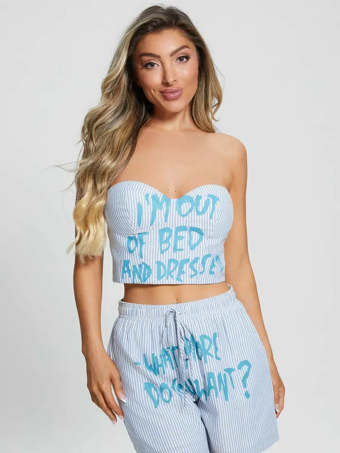 Tops Women Bustier Slogan Crop Top All I Do Is Chambray Mult GUESS Tops Women Bustier Slogan Crop Top All I Do Is Chambray Mult GUESS
