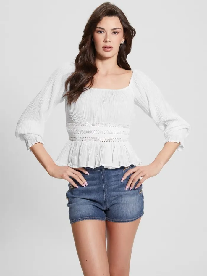 Tops Women Cassi OfftheShoulder Top Pure White GUESS Tops Women Cassi OfftheShoulder Top Pure White GUESS