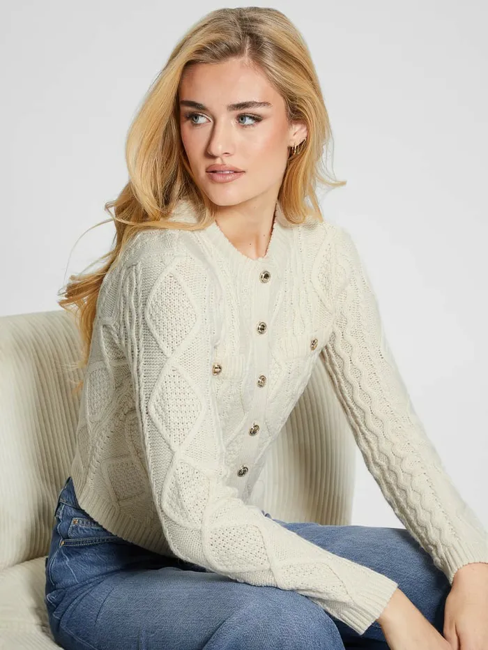 Tops Women GUESS Chiba Cable Cardigan Pearl Oyster