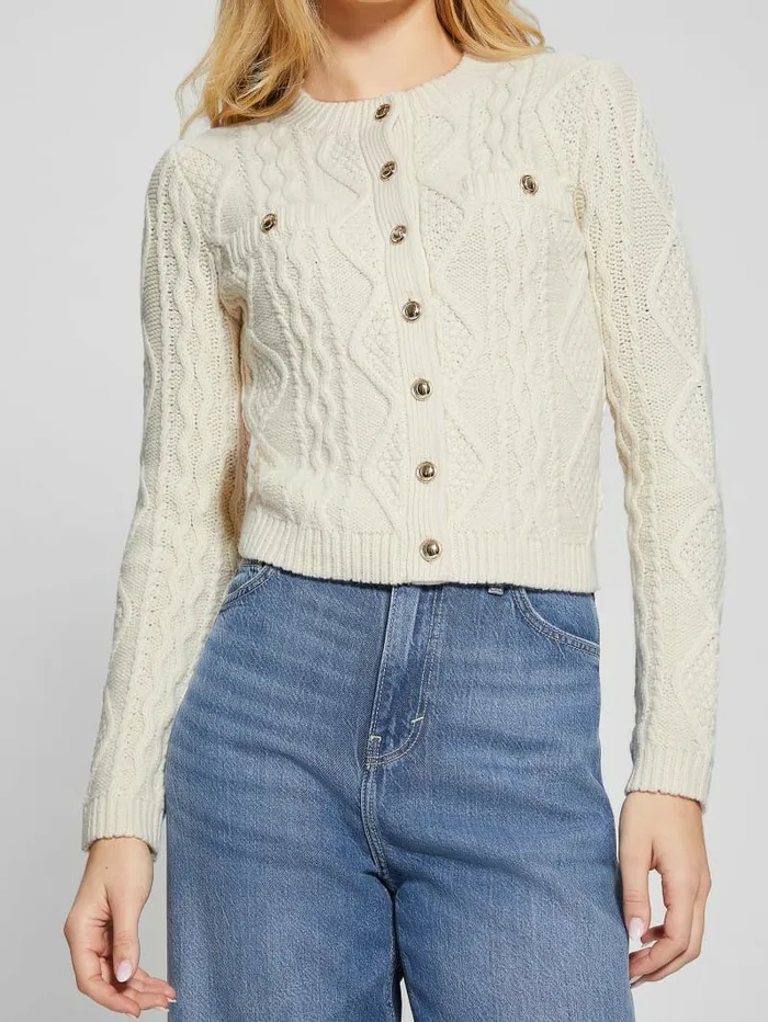 Tops Women GUESS Chiba Cable Cardigan Pearl Oyster Tops Women GUESS Chiba Cable Cardigan Pearl Oyster